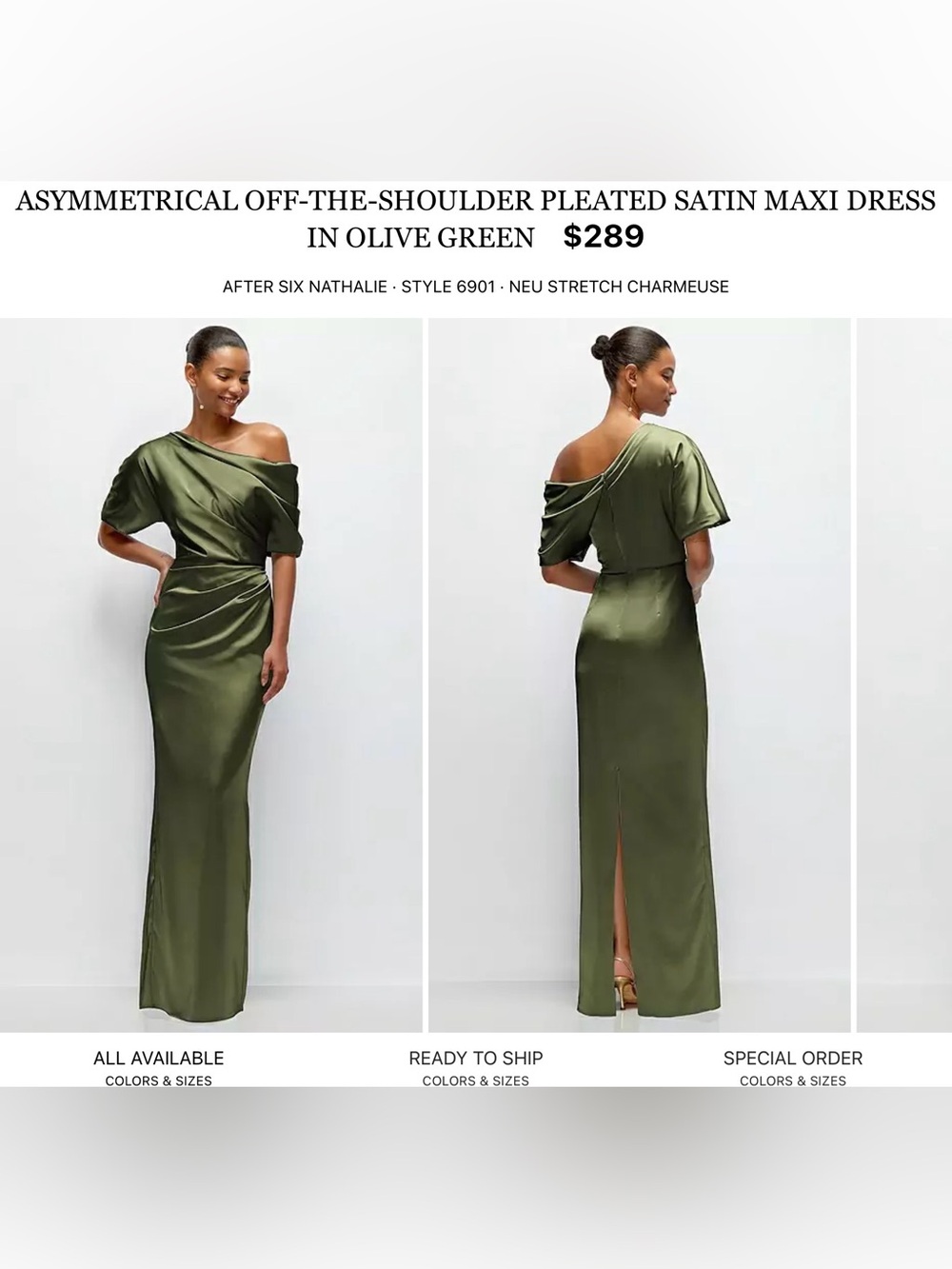 After Six Olive Satin One-Shoulder Pleated Maxi Dress